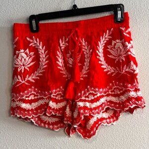 Solitaire Red and White Embroidered Women Shorts